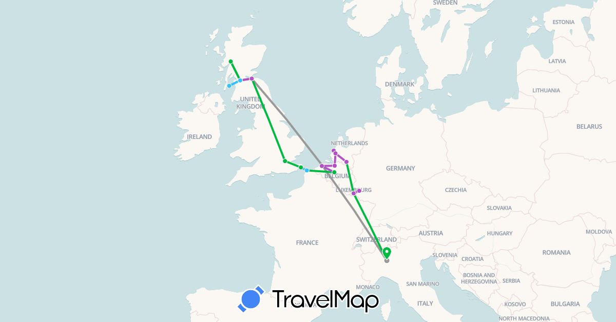 TravelMap itinerary: driving, bus, plane, train, boat in Belgium, Germany, France, United Kingdom, Italy, Luxembourg, Netherlands (Europe)